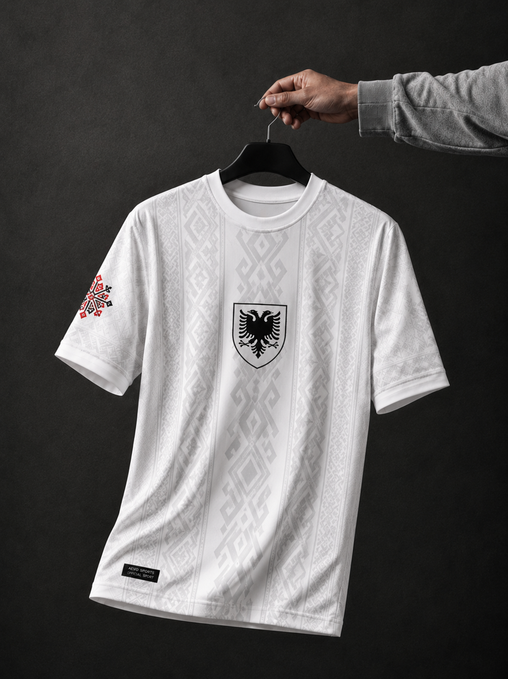 Albania Football Jersey by AEVO — white shirt with tonal pattern and double-headed eagle crest, fully sublimated