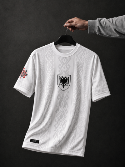 Albania Football Jersey by AEVO — fully sublimated white shirt with double-headed eagle crest