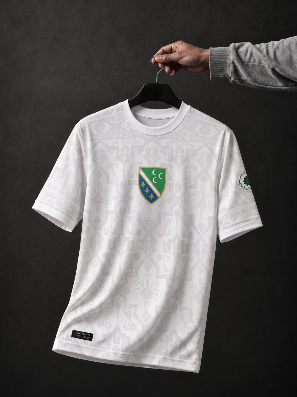 Bosna Football Jersey by AEVO — white shirt with tonal pattern and shield crest, fully sublimated