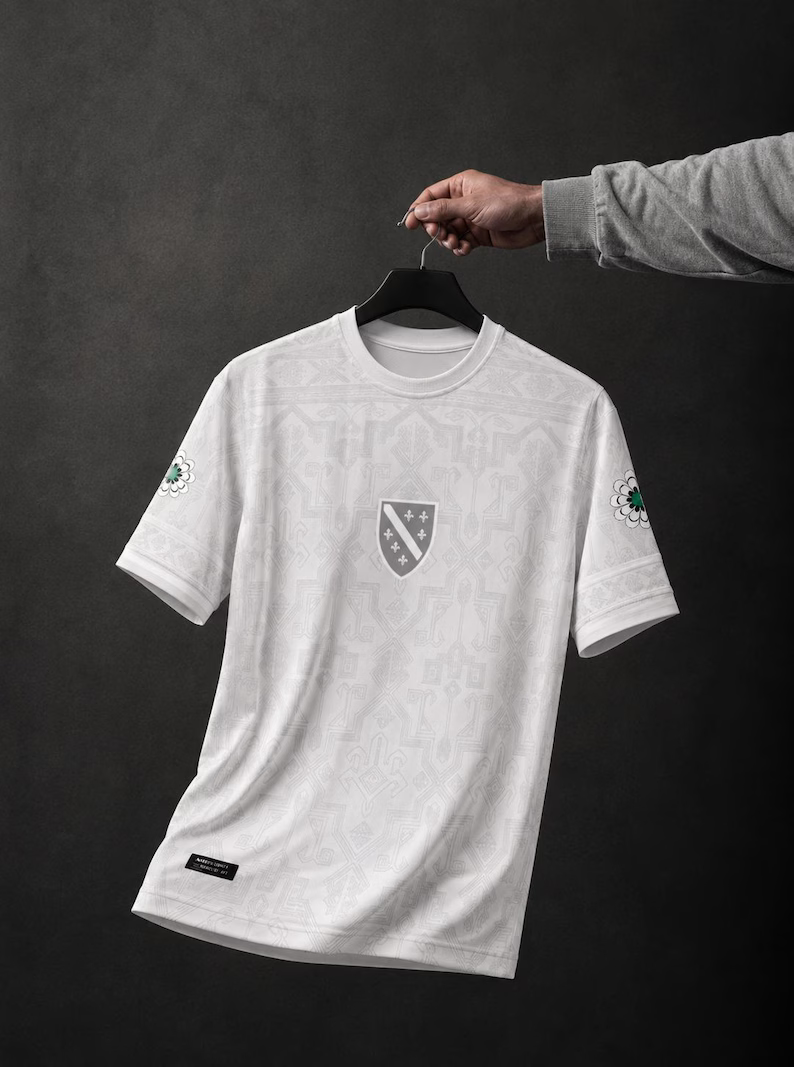 Bosna Football Jersey by AEVO — white shirt with tonal sublimated pattern and heat-printed shield crest