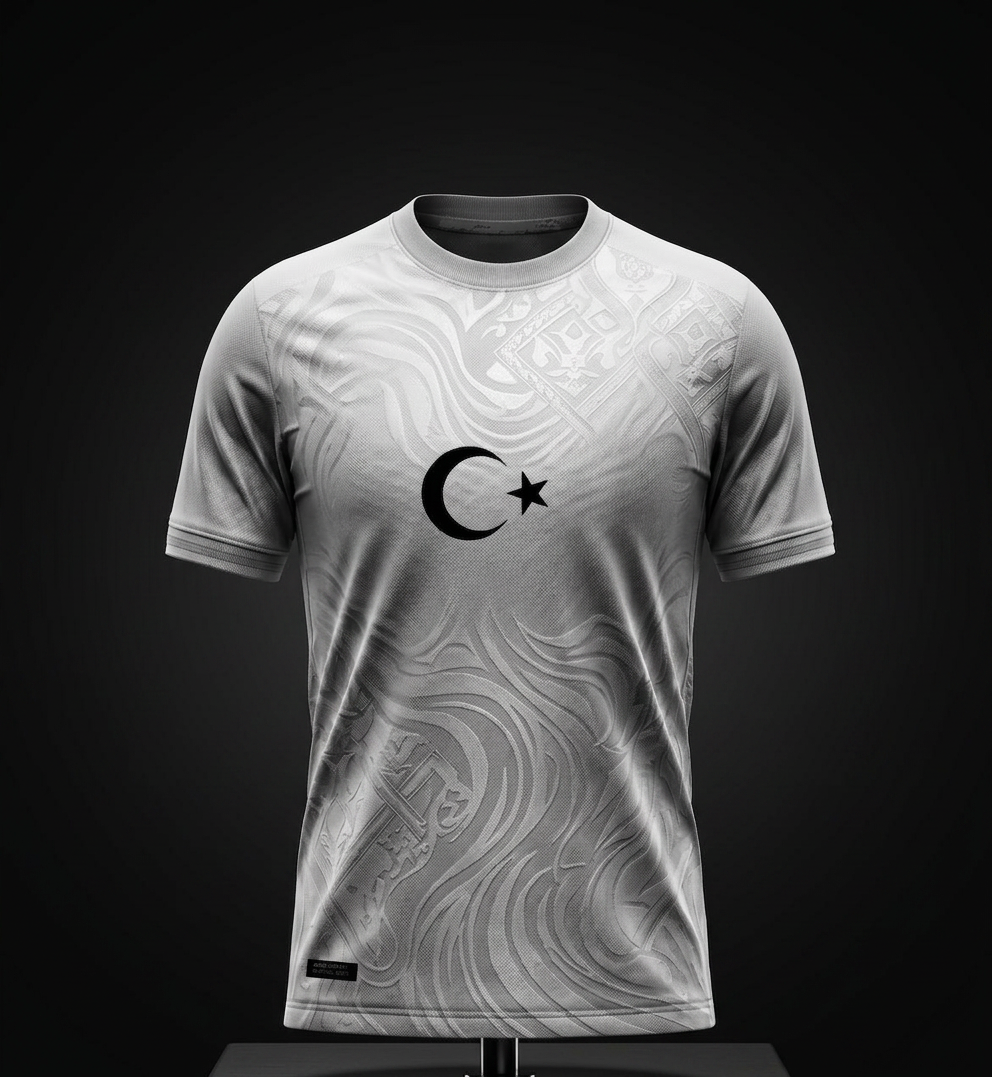 T&uuml;rkiye Football Jersey by AEVO — white sublimated shirt with heat-printed crescent and star crest