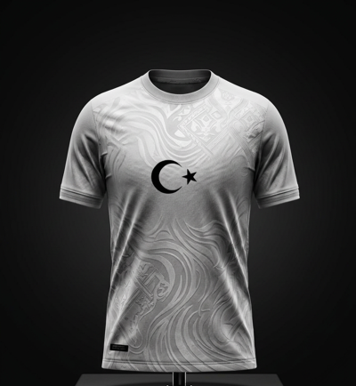 T&uuml;rkiye Football Jersey by AEVO — white sublimated shirt with crescent and star crest