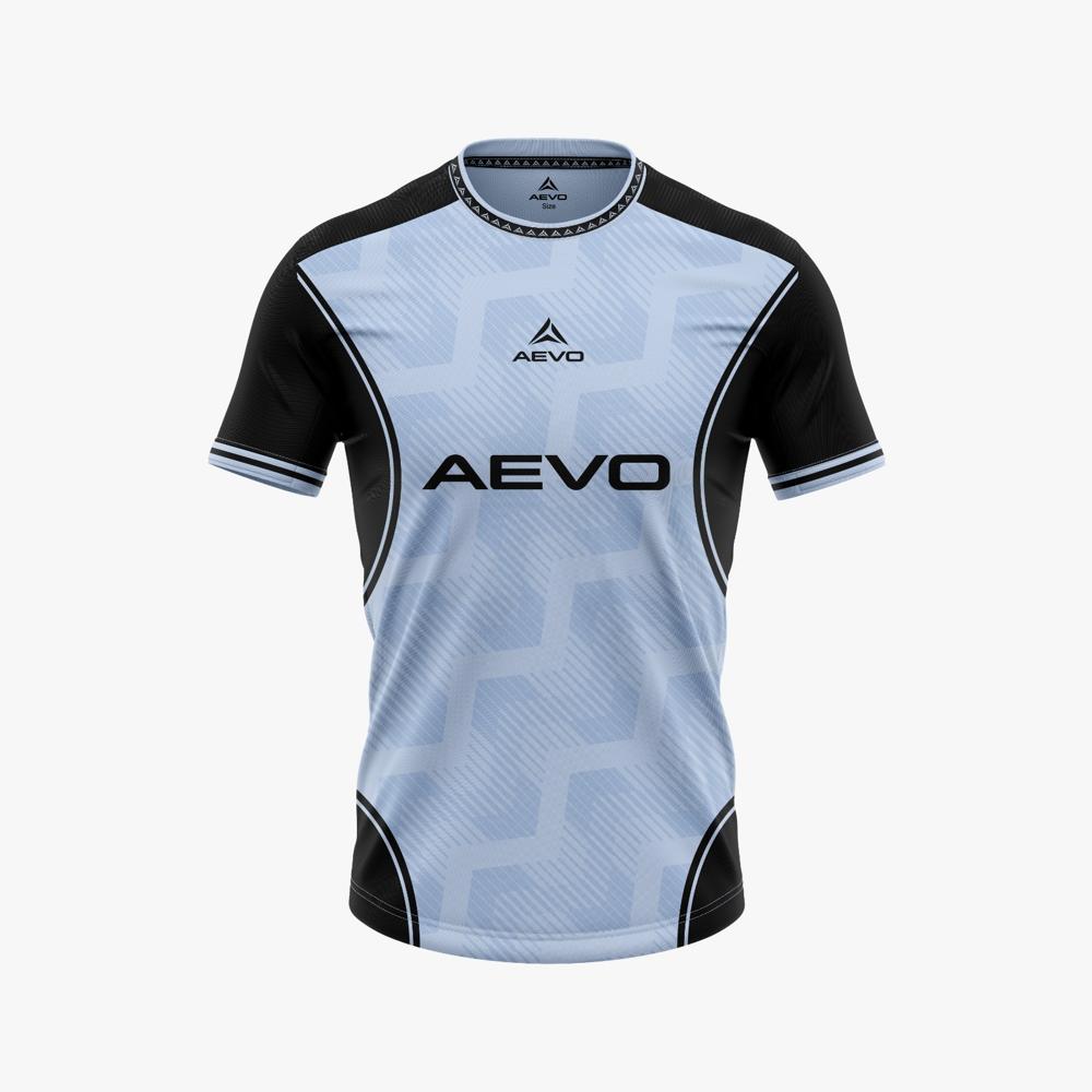 Custom sublimated AEVO football jersey in light blue and black