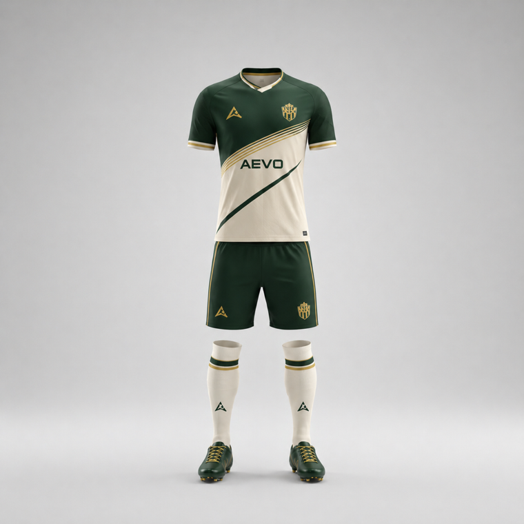 A custom fully sublimated AEVO football jersey in green and cream